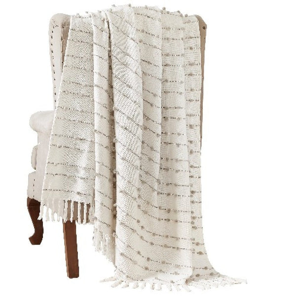 60 X 70 Cream Cotton Throw With Pompom Stripe Design