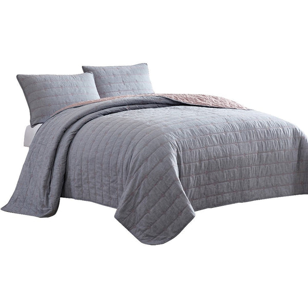 3 PC King Gray & Pink Channel Stitched Quilt Set