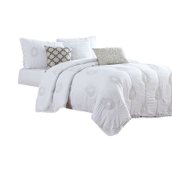 6 PC King Off-White Leaf Embroidery Quilt Set 