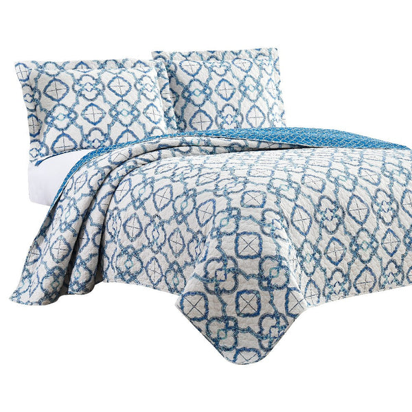 3 Piece Queen Blue Embroidered Quilt Set